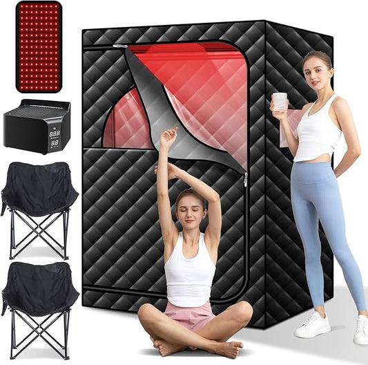 Portable Infrared Sauna Box with 660nm Red Light Therapy, 2 Person Dry Wind Saunas Tent with 2 Large Folding Chairs, 99 Mins Timer & 185℉ Temperature, for Home Spa Relaxation & Detoxification
