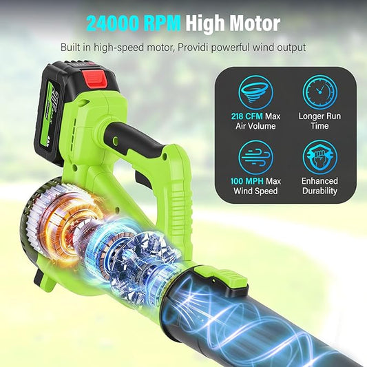 Yaofafa Leaf Blower Cordless with 6-Speed Control, 218CFM Electric Leaf Blower with 2×4000mAh Batteries & Fast Charger, Lightweight Cordless Blower for Patio, Lawn and Garden Cleaning(Green)