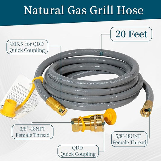 20FT 3/8” ID Natural Gas Grill Hose with Quick Connect Fittings, Natural Gas Hose for Weber, Char-Broil, Pizza Ovens, Patio Heaters
