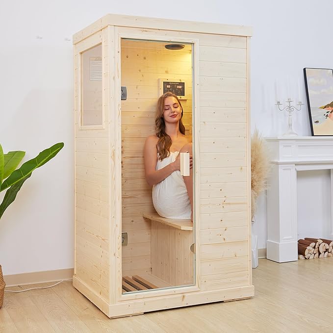 RIGO Sauna Infrared Far Infrared Sauna for Home 1 Person Sauna with Spruce Wood Dry Sauna for Home Sauna Room Low EMF Indoor Sauna for One Person in Home Sauna 900W with Speakers