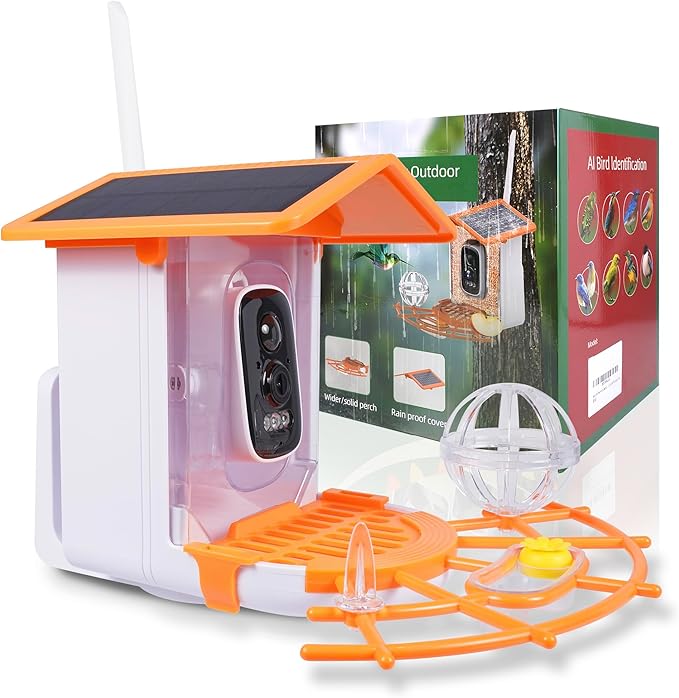 Bird Feeder with Camera,AI Identify Birds Species,Solar Powered,Auto Record Videos in Backyard,Instant Notifications,Ideal Gift for Family and Bird Lovers (Orange)