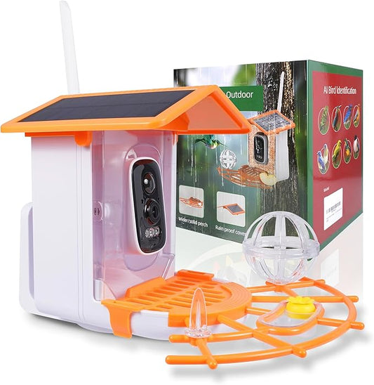 Bird Feeder with Camera,AI Identify Birds Species,Solar Powered,Auto Record Videos in Backyard,Instant Notifications,Ideal Gift for Family and Bird Lovers (Orange)
