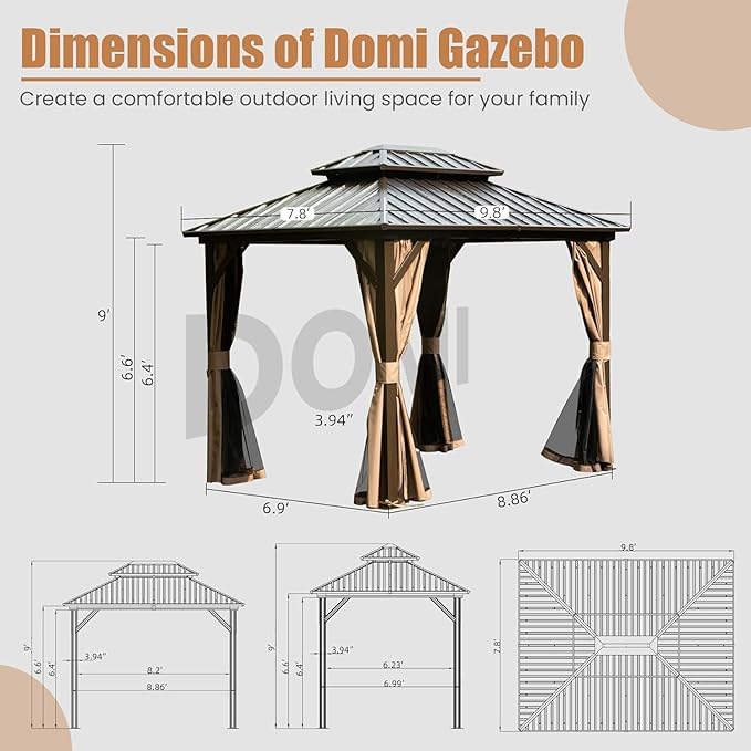 Domi 8'x10' Hardtop Gazebo Canopy Metal,Outdoor Metal Gazebo with Galvanized Steel Double Roof,Curtain and Netting,Permanent Gazebos Pavilion for Patio Deck,Backyard