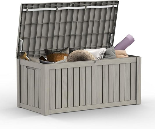 Mars Villa 119 Gallon Outdoor Storage Box Waterproof, Large Resin Deck Box for Pool Supplies Storage, Outdoor Patio Furniture Cushions, with Hydraulic Hinge, UV-Resistant and Weatherproof, Greige
