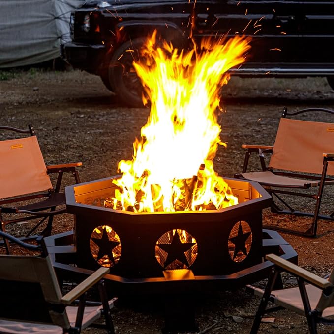 42 inch Fire Pit for Outside, Heavy Duty Wood Burning Fire Pits with Fire Poker, Outdoor Octagonal Firepit for Camping, Yard, Patio