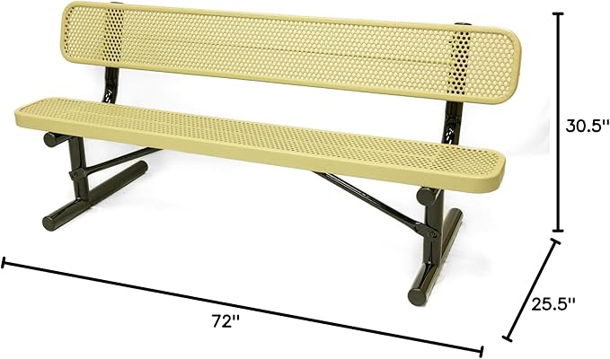 COATEDOUTDOORFURNITURE Heavy-Duty Portable Outdoor Bench Thermoplastic Coated, Punched Steel, Commercial-Grade Seating, Made in America (Portable with Back, 6 Ft, Textured Sandstone)