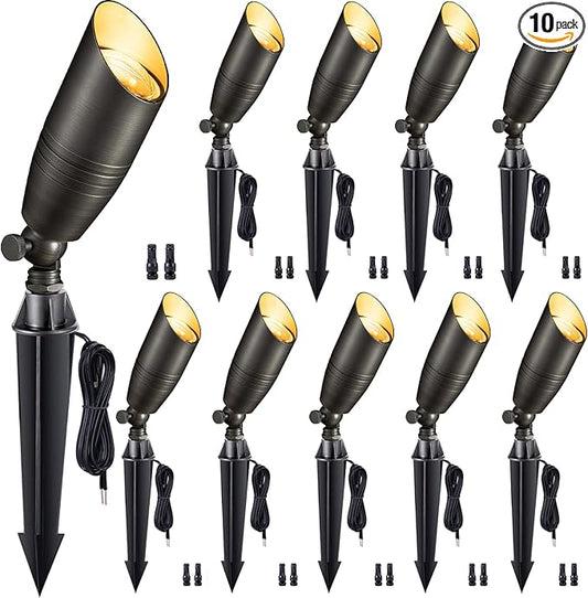 Gardenreet Low Voltage Spotlight LED - 12V Outdoor Light Fixture Weather Proof, Brass Landscape Lights Bullet, Hardwired Coastal Bronze for Flag Sign Without Bulbs (10 Pack)