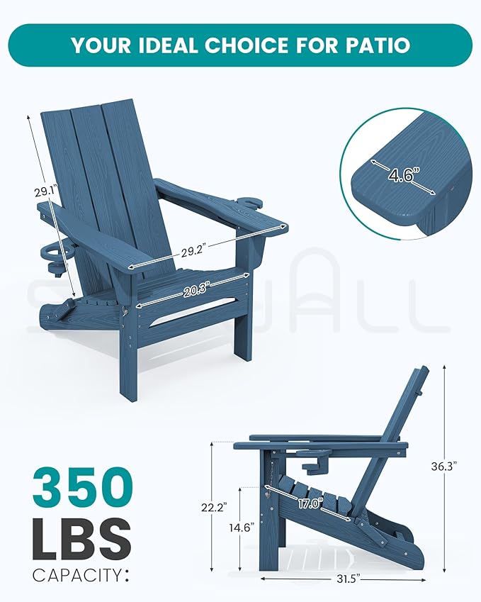 SERWALL Modern Folding Adirondack Chair Set of 2, Weather Resistant HDPE Outdoor Adirondack Chair with Dual Cup Holders, Fire Pit Chair for Patio Lawn Garden, Blue