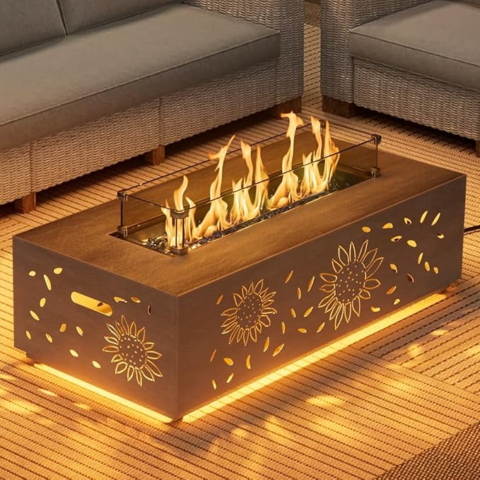 42 inch Propane Fire Pit Table LED, 2 in 1 Rectangular Outdoor Fire Pit with 20lb Tank Cover, Outside Patio Deck and Garden, Gas Fireplace Table with Lid and Stone, 50,000 BTU Adjustable Flame