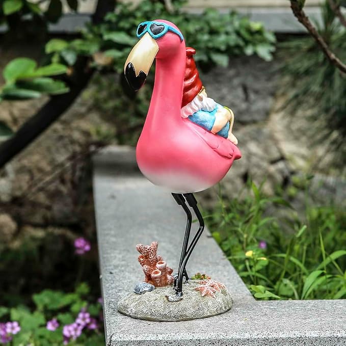 Jy.Cozy Gnome Garden Statue Funny Gnome Reclining on Flamingo Dwarf Figurines Resin Garden Gnomes Fall Decorations Outdoor for Patio Yard Lawn Porch Housewarming Ornament Gift