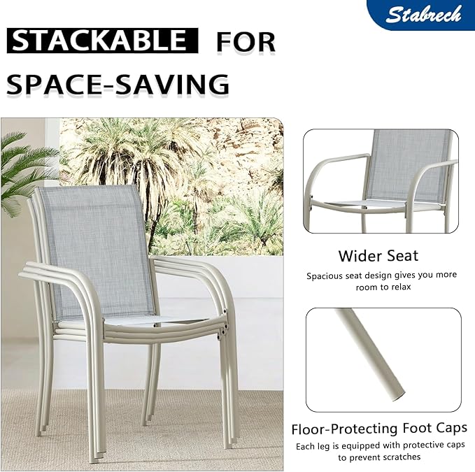 5 Pieces Patio Dining Set for 4, Beige Blue Patio Stackable Chairs and Black Round Table Set of 4, Outdoor Furniture Set with Sling Support for Outside, Garden