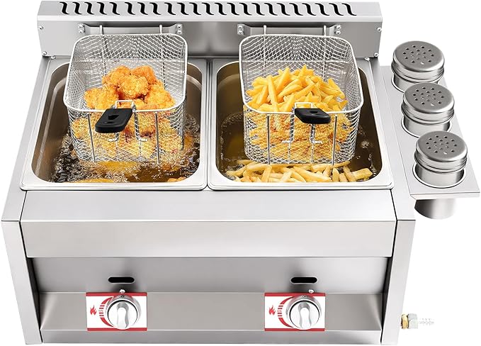 LYNICESHOP Stainless Steel Countertop Gas Fryer, Commercial LPG Gas Deep Fryer with 2 Basket Propane LPG Oil Frying Pot Kitchen Frying Machine Snack Fryer For French Fries Restaurant Home Kitchen