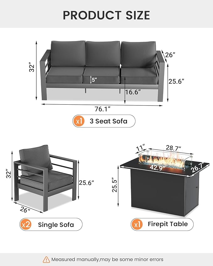 UDPATIO 8 Piece Aluminum Patio Furniture Set with Aluminum Fire Pit Table,Mordern Outdoor Furniture Set with Water-Proof Cover Included, Dark Grey