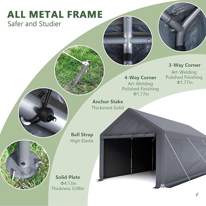 Carport 10x20ft Heavy Duty Canopy,Portable Garage Party Tent,Portable Garage with Removable Sidewalls & Doors All-Season Tarp for Car,Truck,Party Grey