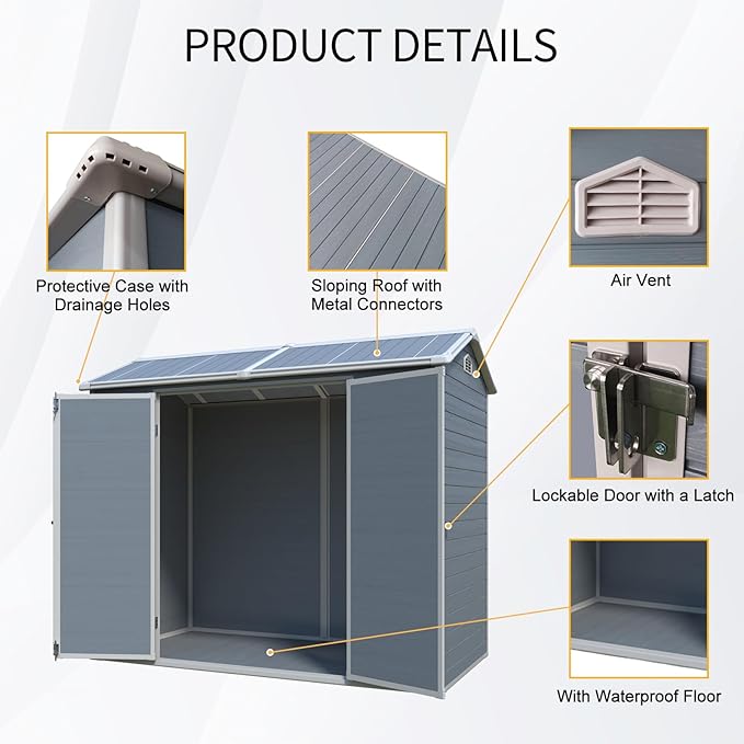 Resin Storage Shed 8x4 ft Outdoor Shed with Floor, Plastic Sheds with Two Windows and Lockable Double Door, Waterproof Garden Shed with Vents, Tool Sheds for Backyard, Patio, Lawn, Grey