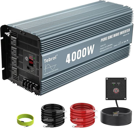4000W Pure Sine Wave Inverter 12V DC to 110V AC Converter for Home, RV, Truck, Off-Grid Solar Power Inverter with Built-in 5V/2.1A USB, AC Hardwire Port, Remote Controller
