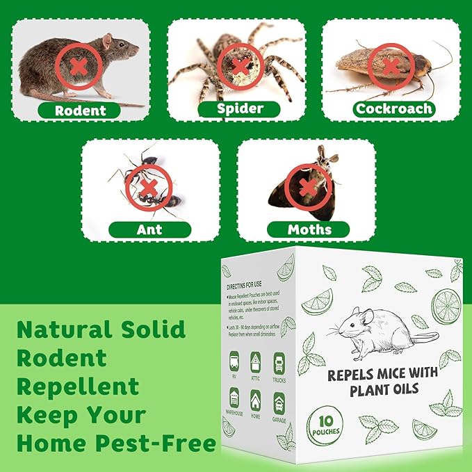 Pest Repellent Pouches, 10 Pack Peppermint Oil Repellent for Mouse, Rodent, Spider, Mice, Rats, Pest Control Indoor & Outdoor, Natural Mouse Deterrent Replace Traps Family & Pet Safe
