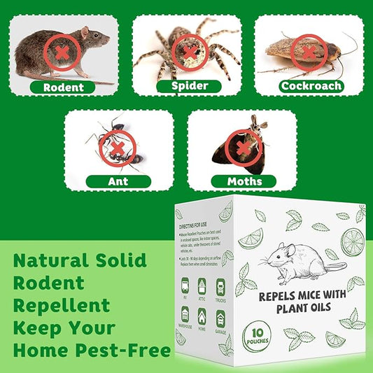 Pest Repellent Pouches, 10 Pack Peppermint Oil Repellent for Mouse, Rodent, Spider, Mice, Rats, Pest Control Indoor & Outdoor, Natural Mouse Deterrent Replace Traps Family & Pet Safe
