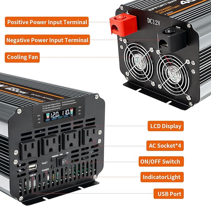4000w Power Inverter DC 12V to AC 110V/120V Converter with 8000w Peak.Comes with LCD Display, Wireless Controller,4AC outlets 1USB.RV Inverter,Suitable for Camping,and Off-Grid Solar Inverter Systems
