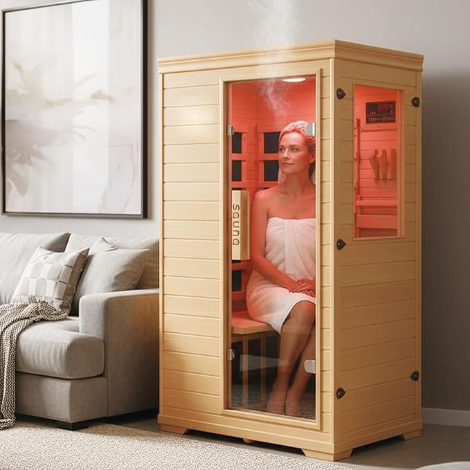 Far Infrared Sauna for 1 Person, Indoor Low EMF Infrared Wooden Dry Sauna for Home with 5 Low EMF Heating Panels, Side-Opening Door, Digital Control, Bluetooth Speakers, Home Spa Therapy