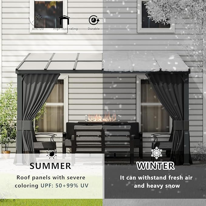 ASJMR 10x28FT Wall Mounted Gazebo Hardtop,Outdoor Wall-Mounted Patio Pergola Metal Frame Double Curtains Gazebo with Sloping Sun Panel Roof for Patio,Garden,Lawn,Pool,Backyard Deck, Gray