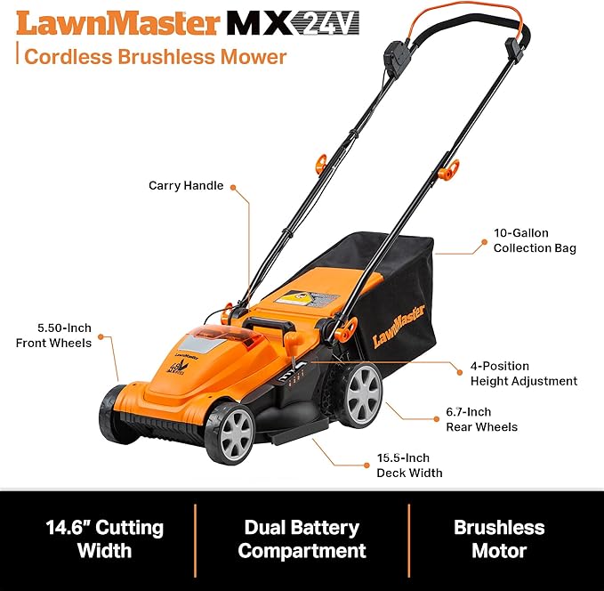 LawnMaster CLMF4815E 48V MAX* 15-inch Brushless Cordless Lawn Mower with 2X24V MAX* 4.0Ah Battery and a Dual Charger