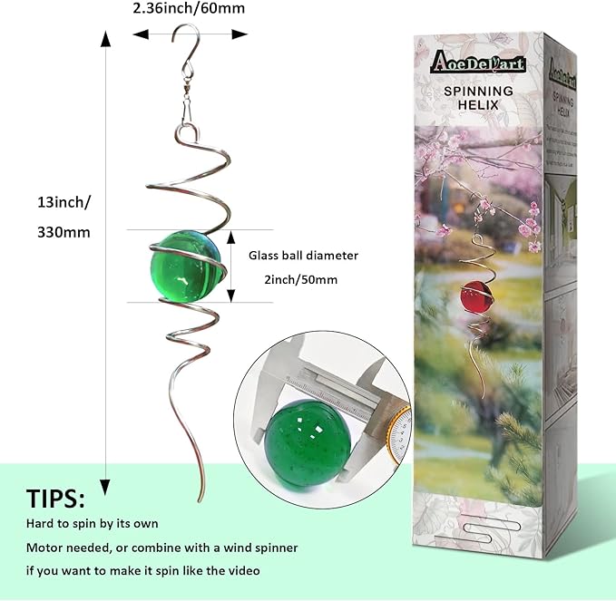 Aoedelyart Wind Spinner Tail Gazing Ball Spiral Decorative Wind Spinner Sun Catcher 11inch Tail and 2 inch Glass Orb. Indoor Outdoor Garden Decoration Wind Sculptures-13 inch Height (Green)