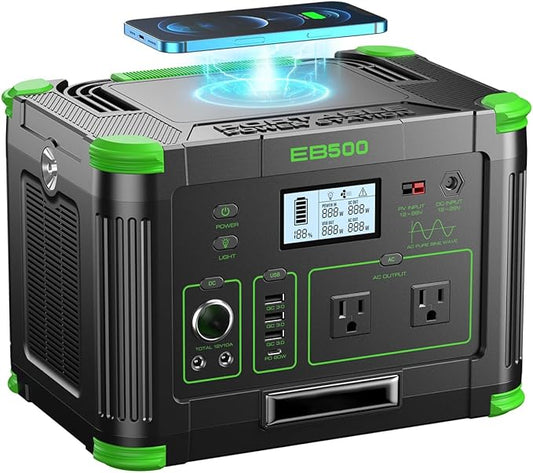 500W Portable Power Station (1000W Peak), 2x 110V AC Outlets & 60W USB-C PD, 10-Output Portable Power Bank with Wireless Charger for Camping, RV Travel, and Home Emergency Power Backup Off-Grid Living