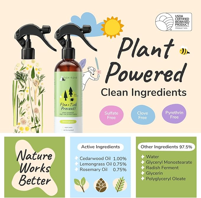 kin+kind Plant Based Flea and Tick Spray for Dogs and Cats – Essential Oil Formula with Lemongrass – Flea and Tick Prevention for Cats, Kittens, Puppies & Dogs - Pet Supplies - Family Safe – 12 fl oz