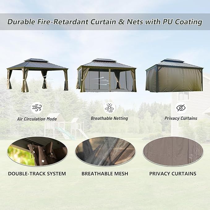 12' x 16' Hardtop Gazebo Outdoor Aluminum Gazebos Grill with Galvanized Steel Double Canopy for Patios Deck Backyard,Curtains&Netting by domi outdoor living