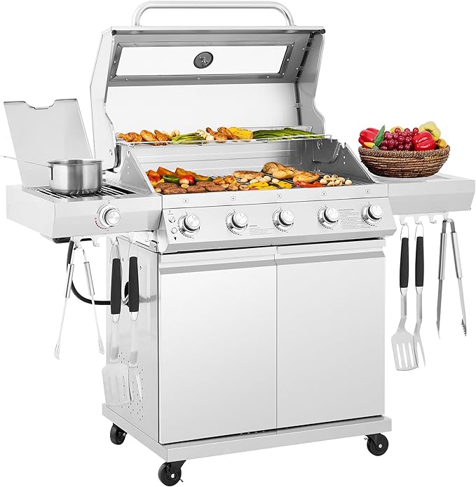 GEA5001S Deluxe Stainless Steel 5-Burner Gas Grill, Bilateral Stainless Steel Side Shelf, With Hook Cabinet Style Grill for Outdoor Grilling and Backyard Cooking, Silver