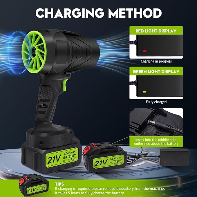 Leaf Blower Cordless, Lightweight Portable Dust Cleaner Handheld Turbo Jet Blower 600000RPM Electric Leaf Blower with 2 X 3.0Ah Batteries & Charger for Patio Cleaning, Lawn Care, Leaves, Dust, Dark