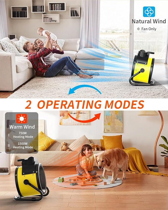 Buyplus Electric Space Heater - Outdoor Heater with Super Long Cord, Overheat Protection, Heaters Heat Up in 2 Seconds, 3 Modes, Small Fan Heater Tent Ceramic Space Heater for Patio, Yellow
