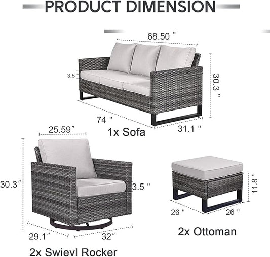 5 Piece Wicker Patio Furniture Set - Outdoor Swivel Rocker Chairs Set with 3 Seat Sofa and Ottomans, Small Patio Conversation Sets Proch Furniture for Balcony Deck - Grey/Beige