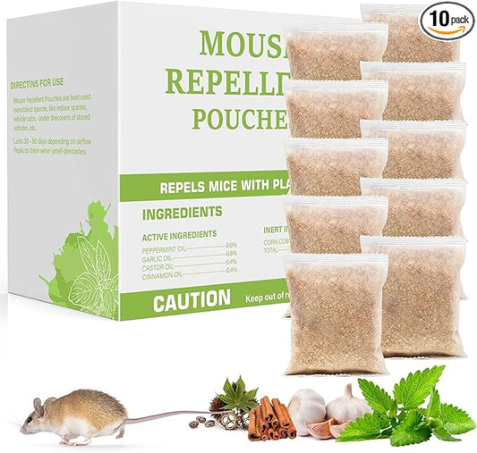 Pest Repellent Pouches, 10 Pack Peppermint Oil for Mice, Rodent, Mouse, Rats, Spider, Squirrel, Pest Control Indoor & Outdoor, Natural Mouse Deterrent Replace Traps Family & Pet Safe