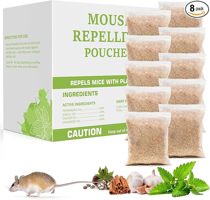 Pest Repellent Pouches, 8 Pack Peppermint Oil Repellent for Mouse, Rodent, Spider, Mice, Rats, Pest Control Indoor & Outdoor, Natural Mouse Deterrent Replace Traps Family & Pet Safe