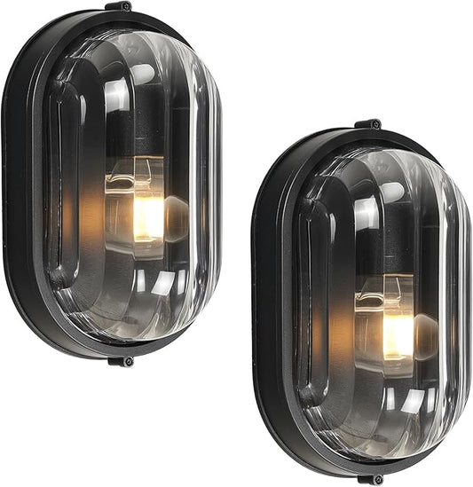 8.5 Inch Waterproof Bulkhead Light Fixture Black Bulkhead Wall Light Sauna and Dock Light with UL Listed Aluminum Frame and Thickened Clear Glass Shade 2 Pack