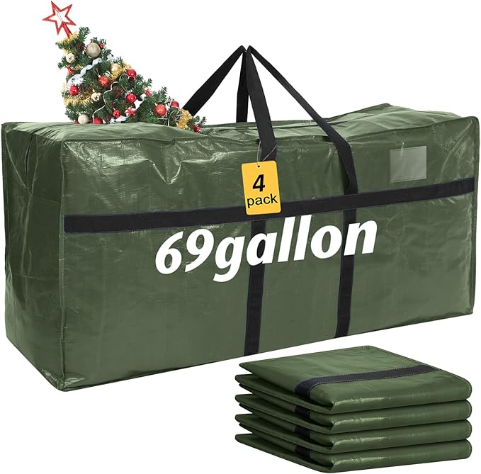 Windyun 4 Pack 69 Gallon Extra Large Storage Bags XXL Moving Bags with Zipper Handles Heavy Duty Jumbo Big Tote Box for Christmas Tree Storage 4, 5, 7.5, 9, 10, 12 ft Skeleton College Dorm(Army Green)