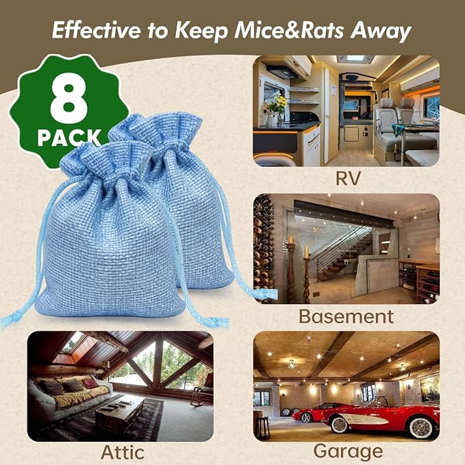 8 Pack Natural Peppermint Mouse Rodent Deterrent Repellent Pouches - Plant-Based Rodent Control for Home- Safe to Use - Long Lasting Mouse & Rat Protection for House, Garage, Car, RV