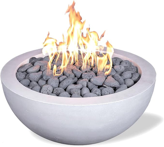29" Premium Vivid 2" Concrete Fire Bowl - (Ivory-White) Cement Round Natural Gas Fire Pit - Outdoor Fire Table with Key Valve GFRC (29" Diameter x 13" High) - E-VIVID2-I-NG