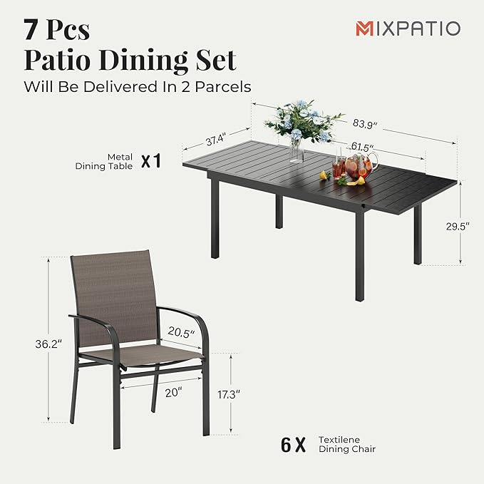 7 Pieces Patio Table and Chairs Set, Patio Dining Set for 6, 6 Textilene Chairs and 1 Expandable Rectangle Table with Umbrella Hole, for Deck Backyard Lawn Poolside, Brown