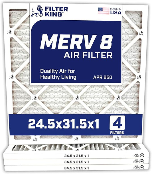Filter King 24.5x31.5x1 Air Filter | 4-PACK | MERV 8 HVAC Pleated A/C Furnace Filters | MADE IN USA | Actual Size: 24.5 x 31.5 x .75"