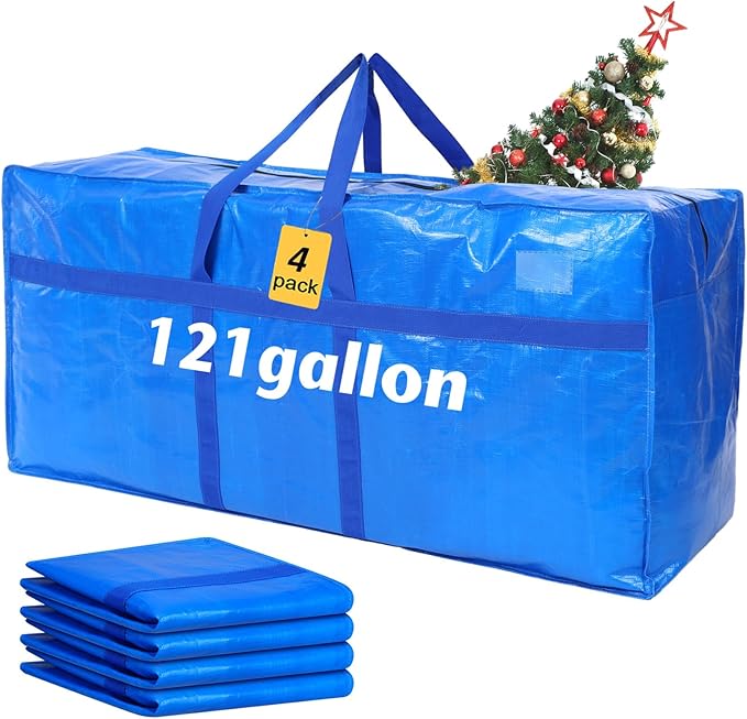 Windyun 4 Pack 121 Gallon Extra Large Storage Bags XXL Moving Bags with Zipper Handles Heavy Duty Jumbo Big Tote Box for Christmas Tree Storage 4, 5, 7.5, 9, 10, 12 ft Skeleton College Dorm(Blue)
