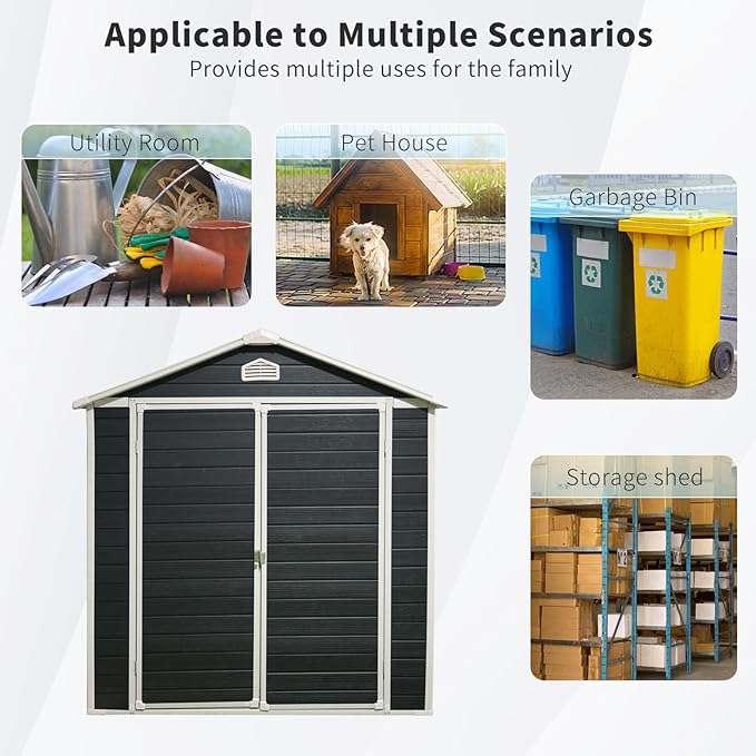 JT 6×8ft Resin Outdoor Storage Shed,Outdoor Storage Shed with Floor & Window to Store Patio Furniture, Garden Tools Bike Accessories, Beach Chairs and Lawn Mower. (Black, 6ft*8ft)