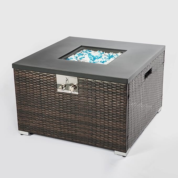 32'' Outdoor Low Profile Fire Table, 50,000 BTU Fire Table with Brown Wicker, Painted Steel Tabletop, Mix Color Glass Rocks, Including Lid and Cover, Fits 20lb Tank Outside, Square