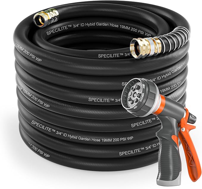SPECILITE Garden Water Hose 100 ft x 3/4 in Heavy Duty, Flexible and Lightweight, Burst 600 psi, Kink-less Hybrid Rubber Pipe for Backyard, 3/4'' Brass Fittings, Black