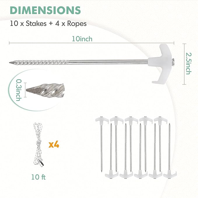 EAGLE PEAK Heavy Duty Galvanized Non-Rust Camping Tent Stakes with 4x10ft Ropes, Steel Stake Pegs for Canopy Gazebo,10pc-Pack, Fluorescent White