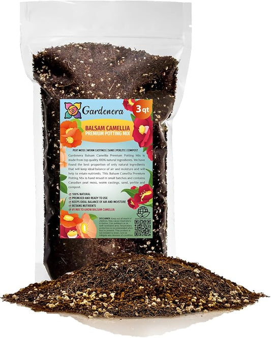 Gardenera Premium Balsam Camellia Potting Soil Mix - Perfect Balance of Nutrients, Drainage, and Aeration for Thriving Blooms - 3 Quart