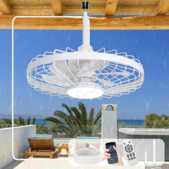 Depuley Gazebo Fans Outdoor Hanging: 20 Inch White Plug in Caged Outdoor Fan with Light and APP Remote Control - Waterproof Ceiling Fan for Patio Porch Pergola Reversible DC Motor