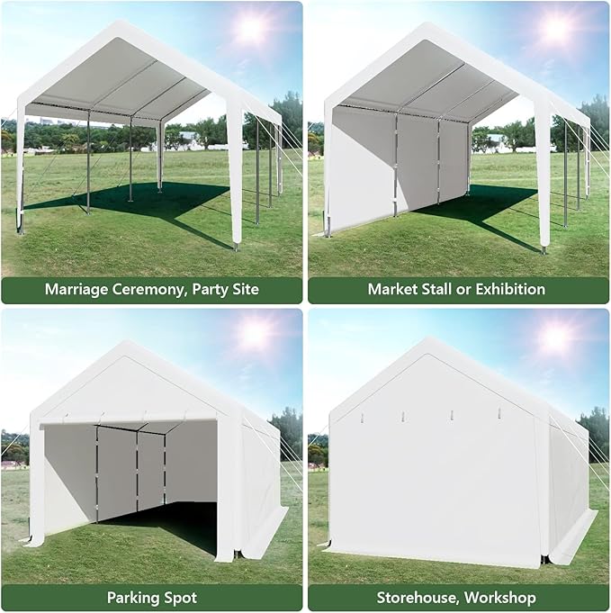 Carport Canopy 10x20 Heavy Duty, Portable Carport Garage with Removable Sidewalls and Door, Car Port with Waterproof Canopy for All Season (White)